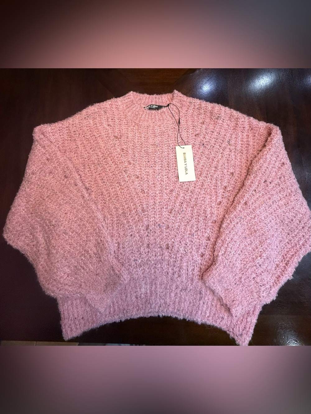 BIMBA Y LOLA Pink Alpaca Wool Blend Open Knit Pointelle Crewneck Sweater NWT Lg